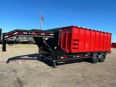 Gooseneck roll-off trailer with a red container